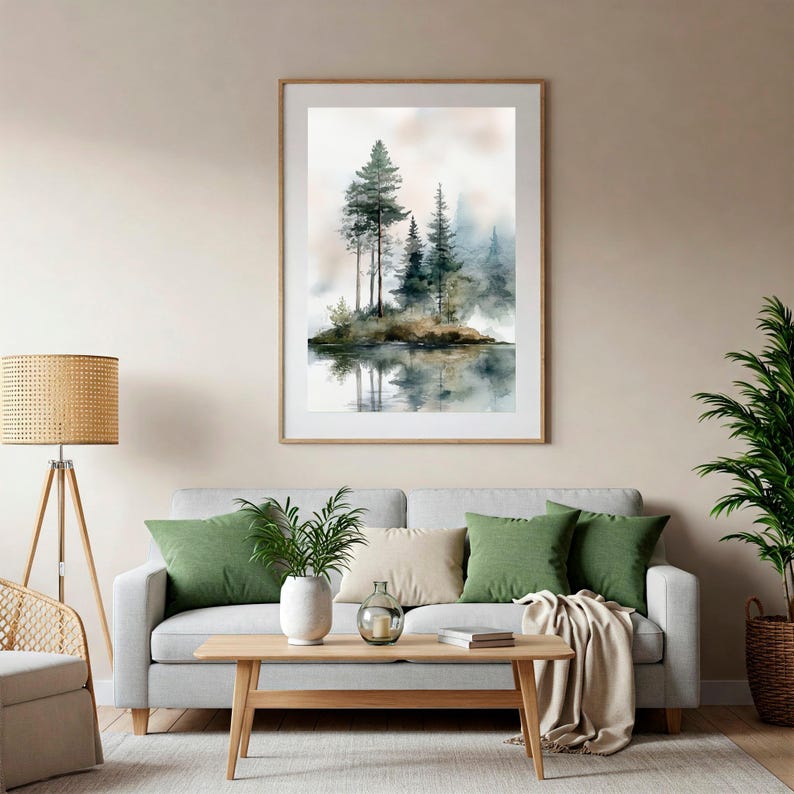 Misty Forest Lake Art Print: Watercolor Pine Tree Landscape image 9