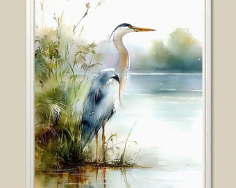 Blue Heron Watercolor Print: Everglades Marshland Landscape Art