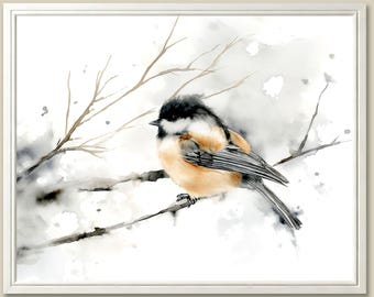Chickadee Watercolor Art Print: Minimalist Bird on Branch Wall Decor