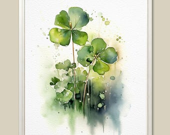 Four Leaf Clover Watercolor Art Print: Irish Shamrock Painting