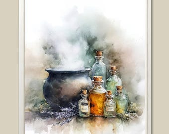 Witch Cauldron Potion Art Print: Gothic Apothecary Watercolor Painting