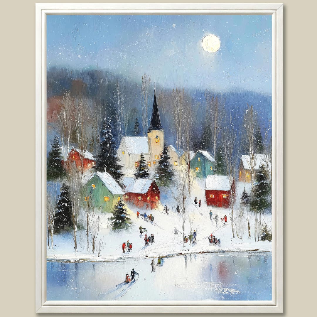 Moonlit Winter Village Art Print: Nordic Christmas Oil Painting - Etsy
