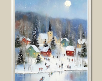 Moonlit Winter Village Art Print: Nordic Christmas Oil Painting