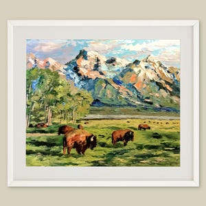 Bison Painting Grand Teton National Park Poster Mountains Wall Art Buffalo Art Print Landscape Oil Painting Wildlife Print