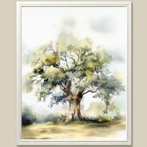 Oak Tree Watercolor Painting Nature Landscape Wall Art Tree of Life Art Print Neutral Forest Poster Green Beige Rustic Home Décor