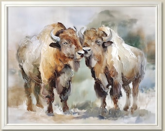 Bison Pair Oil Painting Print: American Buffalo Wildlife Art