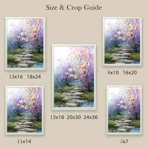 May include: A collection of framed art prints showcasing a serene landscape. The artwork depicts a stone path winding through a garden with flowering trees in shades of pink and yellow. The prints are available in various sizes, as indicated by the text "Size & Crop Guide".