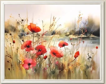 Poppy Field Watercolor Art Print: Wildflower Meadow Landscape