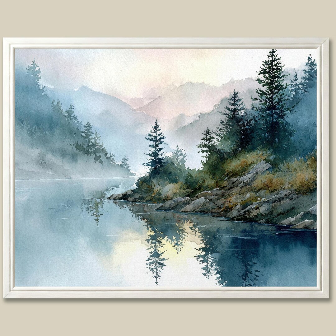 Lake Tahoe Art Print Pine Trees Watercolor Painting Misty Mountain ...