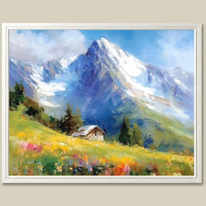 Swiss Alps Painting Mountain Cottage Art Print Switzerland Nature Landscape Wall Art Alpine Meadow Wildflower Poster Rustic European Decor