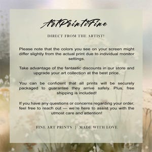 May include: A cream-colored print with the text "ArtPrintiFine" in cursive script. The text "DIRECT FROM THE ARTIST!" is above a paragraph about color variations and discounts. The bottom of the print reads "FINE ART PRINTS | MADE WITH LOVE".