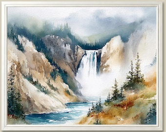 Yellowstone Lower Falls Art Print Watercolor Painting Grand Canyon Landscape Wall Art Wyoming Decor