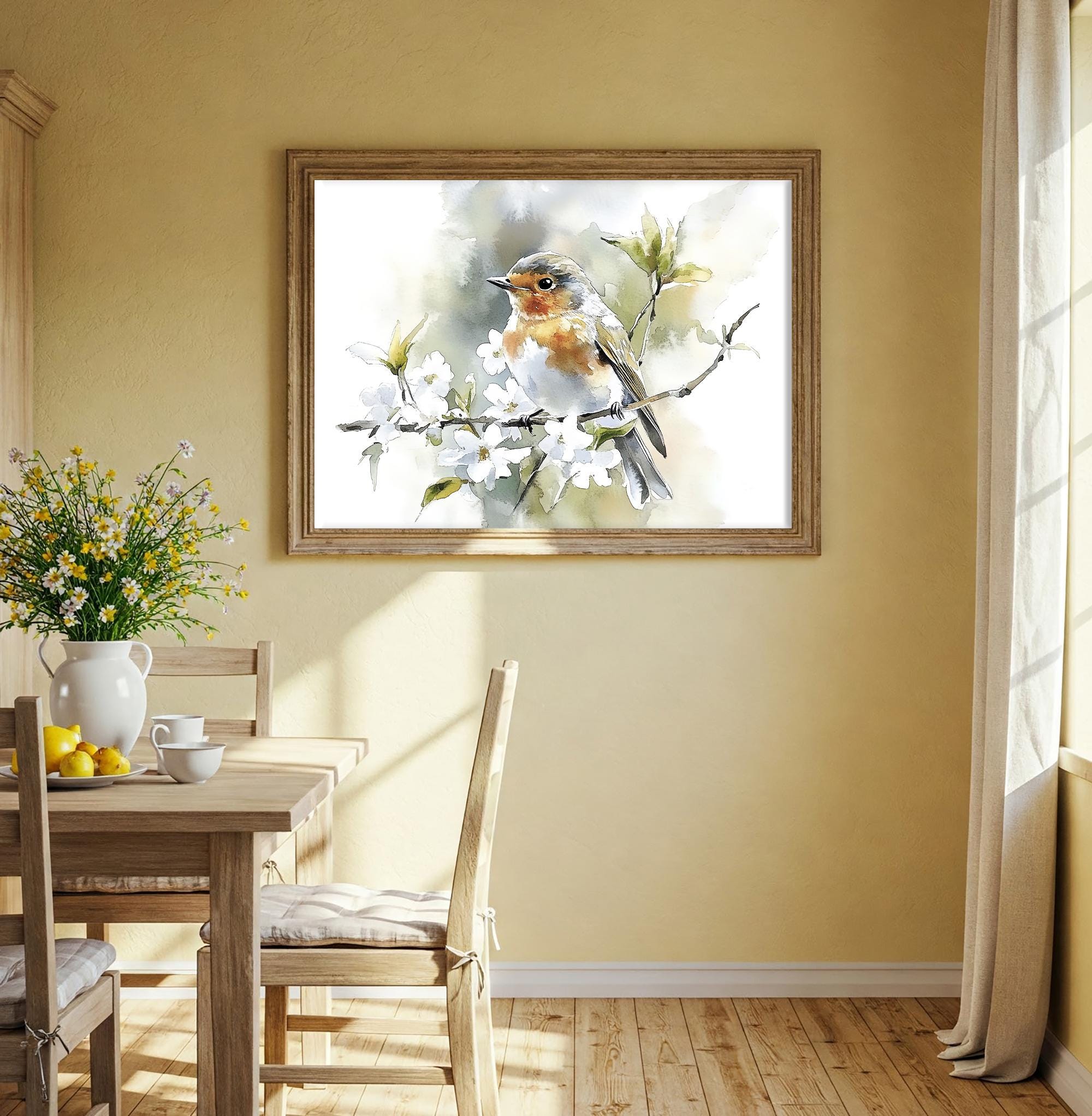 Robin Bird Watercolor Art Print: Cherry Blossom Spring Wall Decor - Etsy