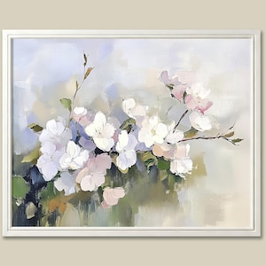 Cherry Blossom Branch Painting Spring Floral Art Print Minimalist Botanical Wall Art White Flowers Nature Poster Rustic Home Decor