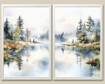 Forest Lake Watercolor Art Print Set: Foggy Oregon Landscape