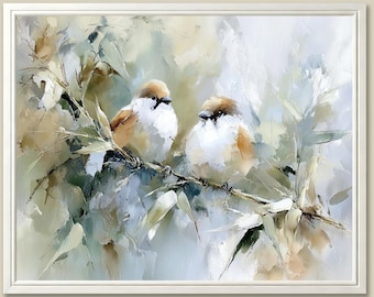 Sparrow Pair Art Print Oil Painting Birds on Branch Neutral Wall Art Farmhouse Decor