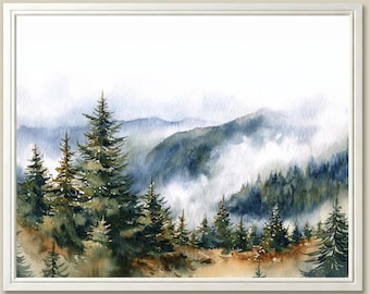 Misty Pine Forest Watercolor Print: Smoky Mountains Landscape Wall Art