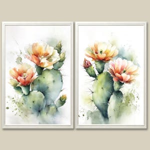 Cactus Flower Art Prints Set of 2 Floral Large Watercolor Painting Desert Southwest Landscape Wall Art Prickly Pear Bloom Poster Boho Decor