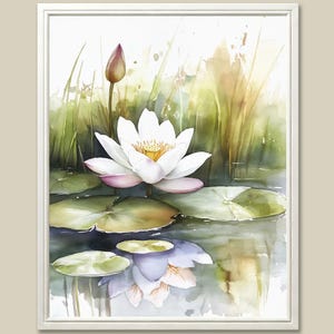 Lotus Watercolor Painting: Neutral Floral Pond Art Print