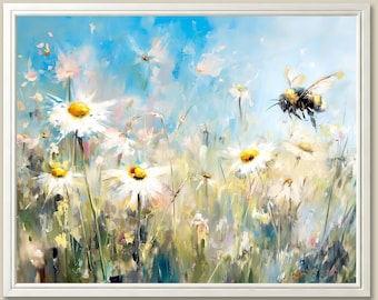 Bumble Bee Daisy Field Art Print: Floral Meadow Landscape Wall Art
