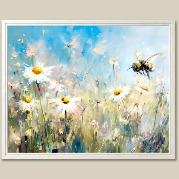 Bumble Bee Daisy Field Art Print: Floral Meadow Landscape Wall Art