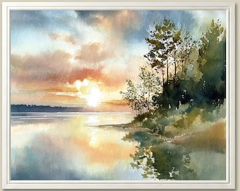Sunset Lake Michigan Art Print: Watercolor Landscape Painting