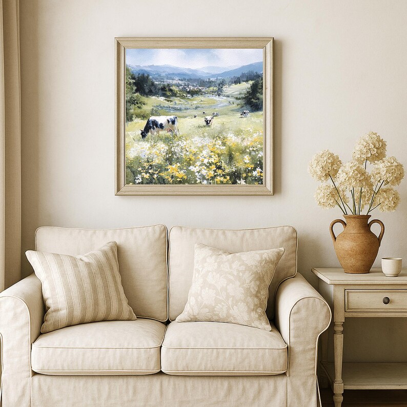 May include: A framed landscape painting depicts cows grazing in a field of wildflowers. The artwork features a serene countryside scene with rolling hills, trees, and a distant village under a blue sky. The frame is a light wood color.