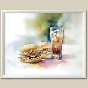 Burger and Soda Art Print: Fast Food Watercolor Still Life