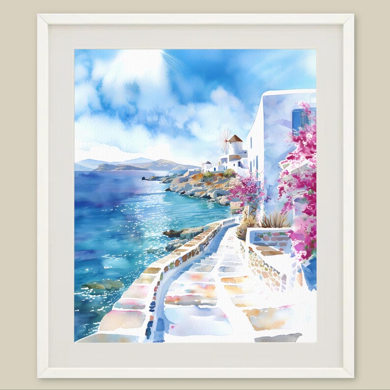Mykonos Painting Greek Island Cityscape Watercolor Art Print Greece Coastal Seascape Wall Art Travel Poster Summer Home Decor