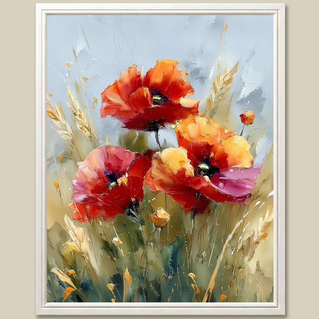 Red Poppy Art Print Meadow Wildflower Oil Painting Floral Botanical ...