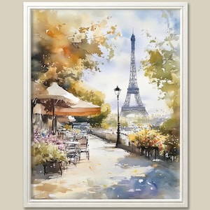 Paris Eiffel Tower Watercolor Print: French Cafe Bistro Scene
