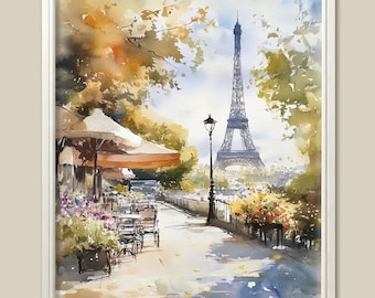 Paris Eiffel Tower Watercolor Print: French Cafe Bistro Scene