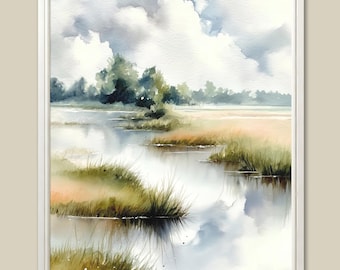 Southern Marsh Watercolor Painting: Coastal Landscape Art Print