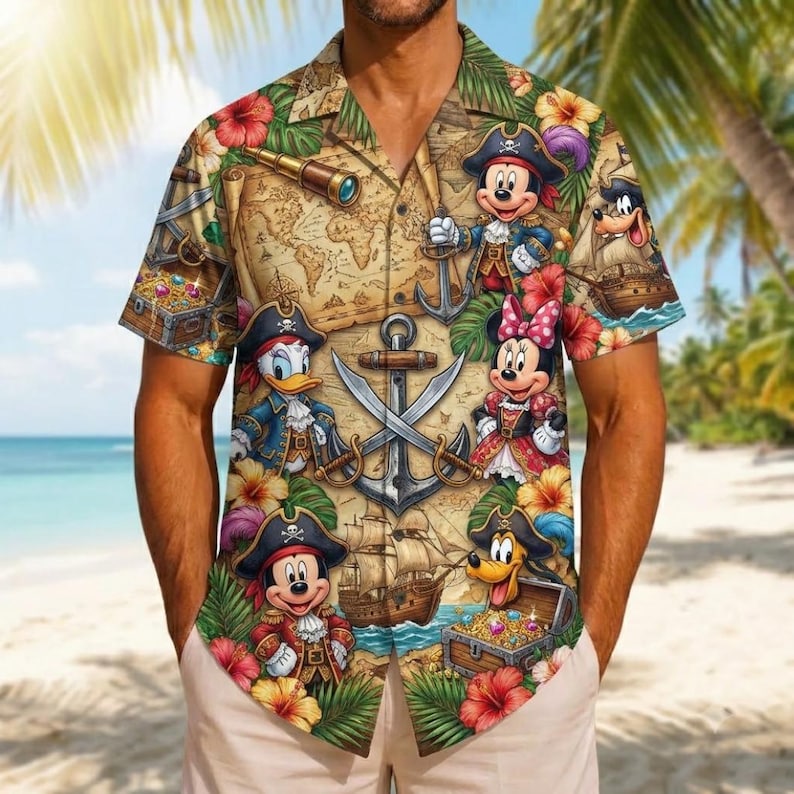 Mouse Click Background Pattern Disney Pirate Hawaiian Shirt, Mickey Mouse Disney Cruise Shirt, Retro ...