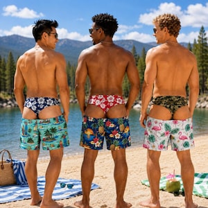 May include: Three pairs of swim trunks featuring distinct patterns: a teal tropical beach scene, a dark blue floral print, and a white flamingo and palm leaf design. Each pair is worn low on the hips, revealing matching patterned underwear underneath.