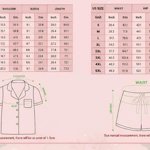 May include: Detailed size chart for a pajama set, including measurements in inches and centimeters for bust, shoulder, sleeve, waist, hip, and length. The chart includes a diagram of the pajama top and shorts with labeled measurement points.
