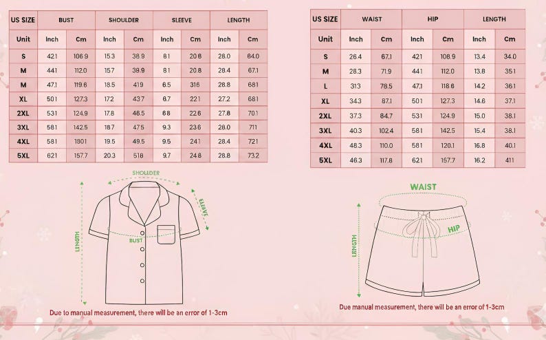 May include: Detailed size chart for a pajama set, including measurements in inches and centimeters for bust, shoulder, sleeve, waist, hip, and length. The chart includes a diagram of the pajama top and shorts with labeled measurement points.