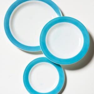 Vintage Pyrex Milk Glass Plates and Bowls with Turquoise Aqua Blue stripe