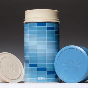 Vintage Thermos King Seeley Pint Size Metal Insulated Blue Block/Grid