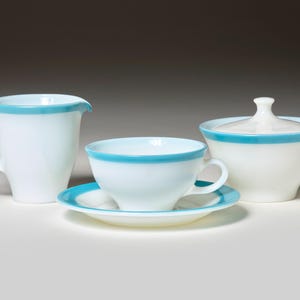 Vintage Pyrex Milk Glass Tea Cups and Saucers with Turquoise Aqua Blue stripe