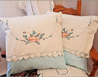 Pillow Pair - Envelope Style, Light Aqua Blue Cotton With Embroidered Table Runner Flaps, Decorative Pillow Covers With Pillow Inserts