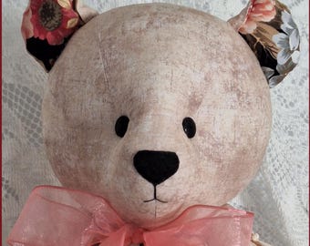 Jointed Patchwork Teddy Bear - Light Pink Blush & Black Floral
