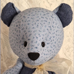 Jointed Patchwork Teddy Bear - Light Blue Floral Calico, Dark Blue Mini Paisley Print Accents