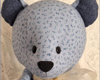 Jointed Patchwork Teddy Bear - Light Blue Floral Calico, Dark Blue Mini Paisley Print Accents