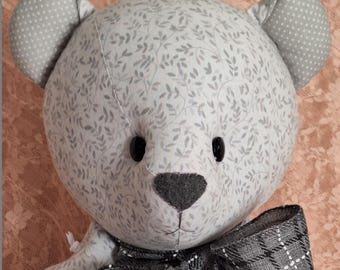 Jointed Patchwork Teddy Bear - Light Gray Mini Floral, Gray With White Polka Dot Accents