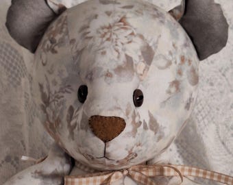 Jointed Patchwork Teddy Bear - Light Blue-Gray & Brown Floral, Gray Accents