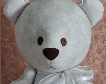 Jointed Patchwork Teddy Bear - Creamy White Cotton Damask Print, Tiny White Medallion Print Accents