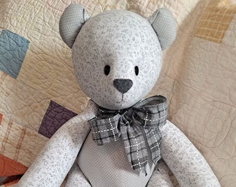 Jointed Patchwork Teddy Bear - Light Gray Mini Floral, Gray With White Polka Dot Accents