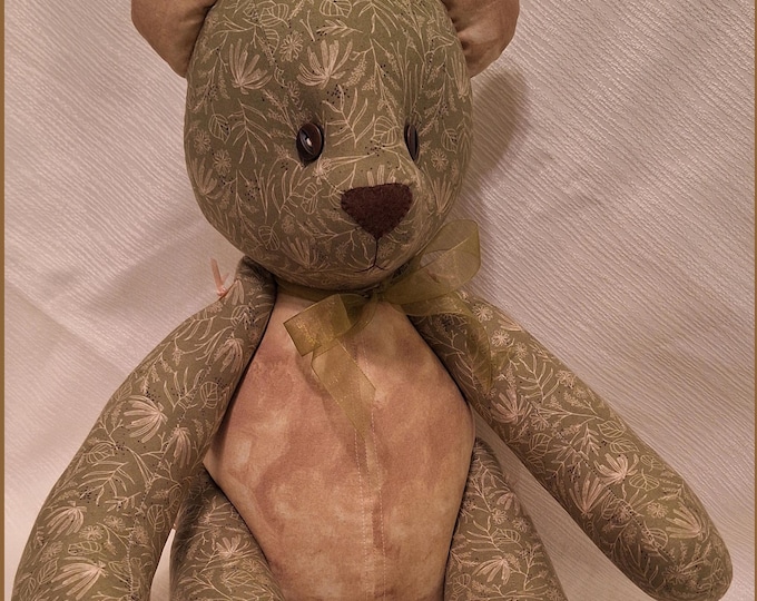 Featured listing image: Jointed Patchwork Teddy Bear - Olive Green With Cream Floral Print, Tan Accents