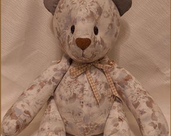 Jointed Patchwork Teddy Bear - Light Blue-Gray & Brown Floral, Gray Accents